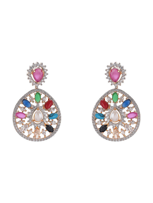 Gold Plated Nav Ratna Zircon Studded Temple Pendant Jewellery Set