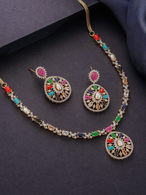 Gold Plated Nav Ratna Zircon Studded Temple Pendant Jewellery Set