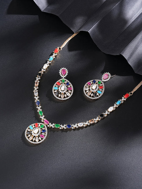 Gold Plated Nav Ratna Zircon Studded Temple Pendant Jewellery Set
