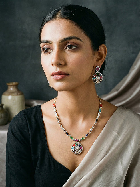 Gold Plated Nav Ratna Zircon Studded Temple Pendant Jewellery Set