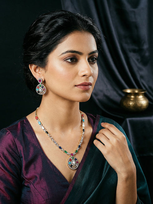 Gold Plated Nav Ratna Zircon Studded Temple Pendant Jewellery Set