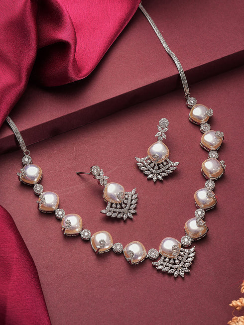 Silver Plated AD & Pearl Studded Designer Cocktail Jewellery Set