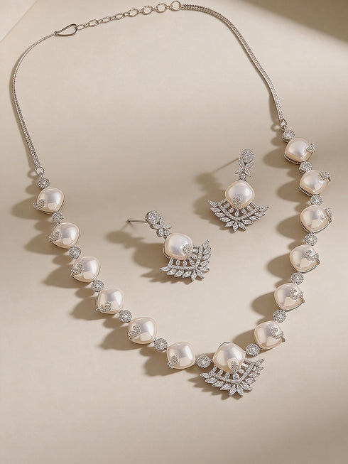 Silver Plated AD & Pearl Studded Designer Cocktail Jewellery Set