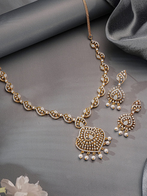 Gold plated White AD Zircon Studded Pendant Minimal Jewellery Set