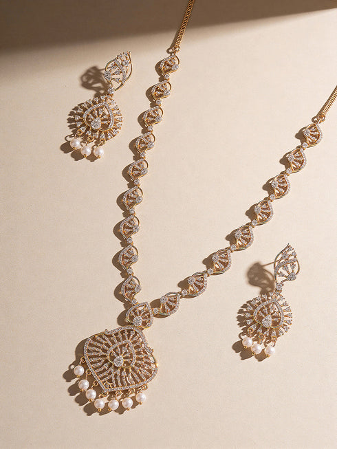 Gold plated White AD Zircon Studded Pendant Minimal Jewellery Set