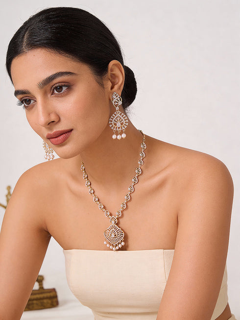 Gold plated White AD Zircon Studded Pendant Minimal Jewellery Set