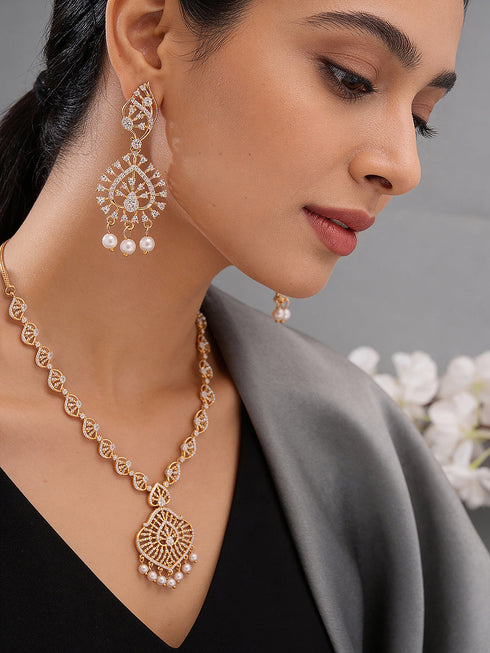 Gold plated White AD Zircon Studded Pendant Minimal Jewellery Set