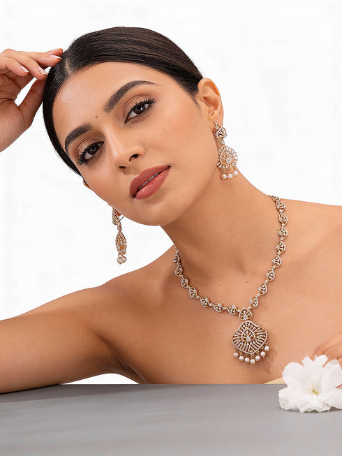 Gold plated White AD Zircon Studded Pendant Minimal Jewellery Set
