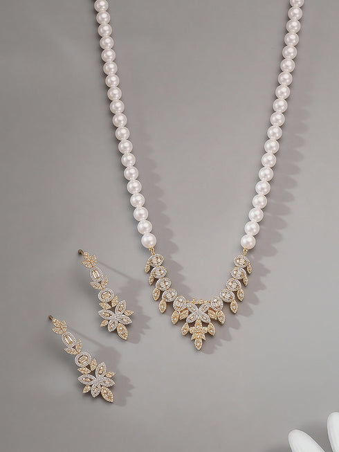 Gold Plated AD Zircon Studded Pearl Maala Luxe Jewellery Set