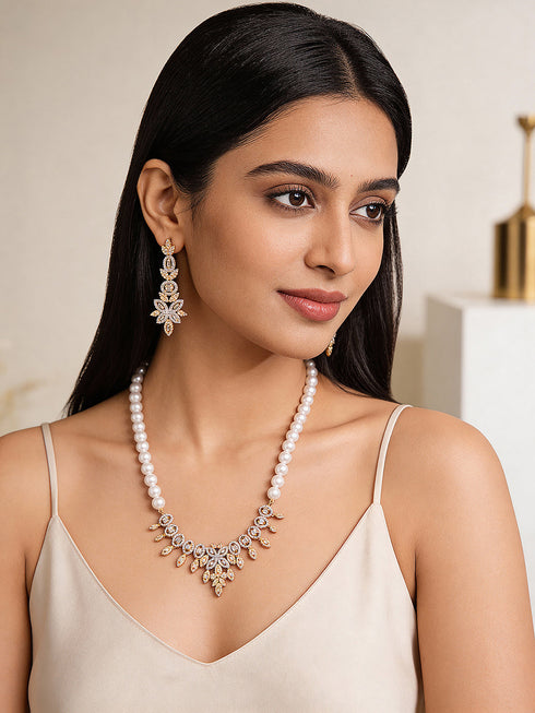 Gold Plated AD Zircon Studded Pearl Maala Luxe Jewellery Set