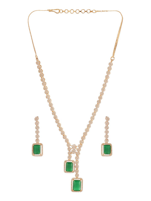 Rose Gold Plated Green Emerald AD Studded Luxe Dropdown Cocktail Jewellery Set
