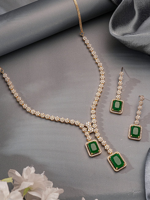 Rose Gold Plated Green Emerald AD Studded Luxe Dropdown Cocktail Jewellery Set