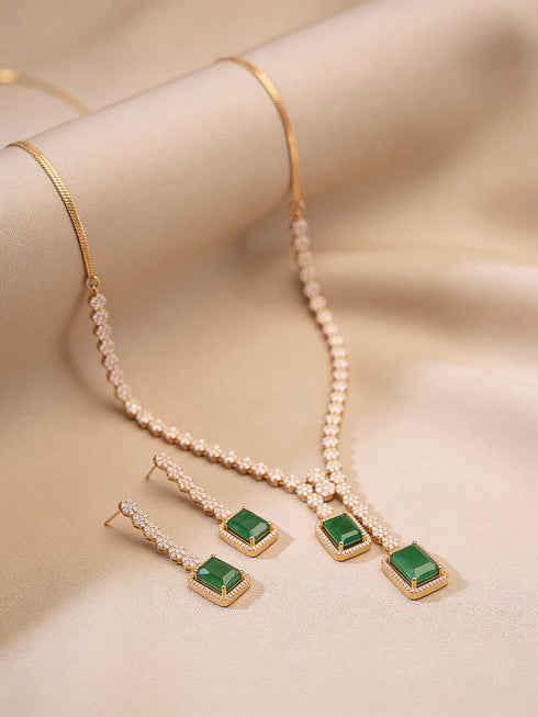Rose Gold Plated Green Emerald AD Studded Luxe Dropdown Cocktail Jewellery Set