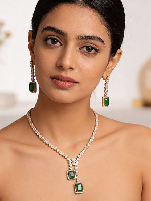 Rose Gold Plated Green Emerald AD Studded Luxe Dropdown Cocktail Jewellery Set