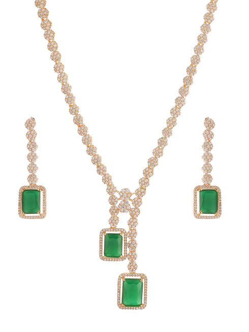 Rose Gold Plated Green Emerald AD Studded Luxe Dropdown Cocktail Jewellery Set