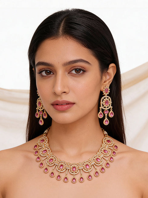 Gold Plated Ruby Red AD Studded Luxe Choker Jewellery Set