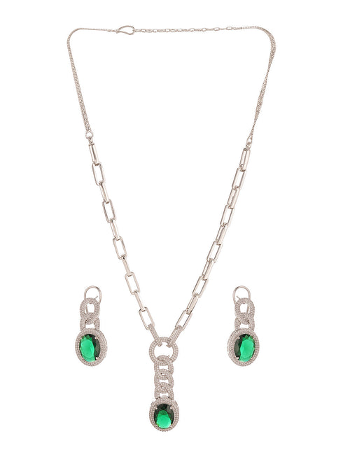 Silver Plated Emerald Green AD Studded Cocktail Link Jewellery Set