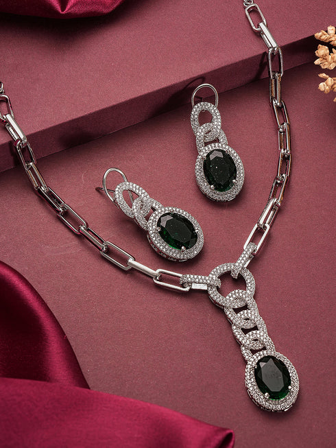 Silver Plated Emerald Green AD Studded Cocktail Link Jewellery Set