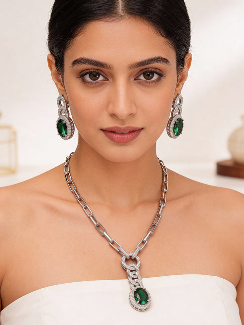 Silver Plated Emerald Green AD Studded Cocktail Link Jewellery Set