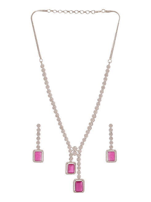 Silver Toned Ruby Red AD Zircon Studded Dangling Cocktail Jewellery Set