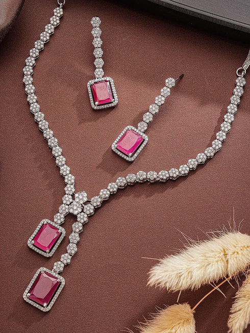 Silver Toned Ruby Red AD Zircon Studded Dangling Cocktail Jewellery Set