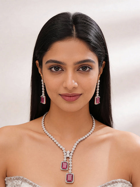 Silver Toned Ruby Red AD Zircon Studded Dangling Cocktail Jewellery Set