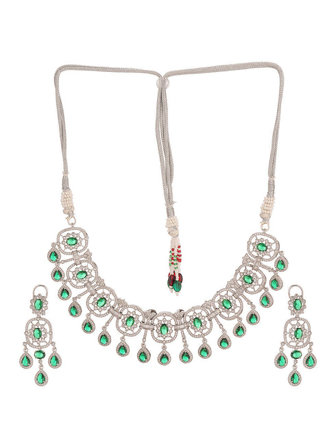 Silver Plated Emerald Green AD Studded Luxe Choker Jewellery Set