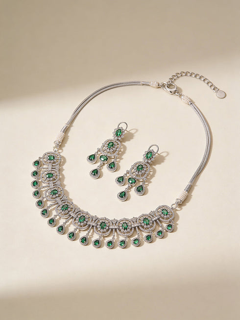 Silver Plated Emerald Green AD Studded Luxe Choker Jewellery Set