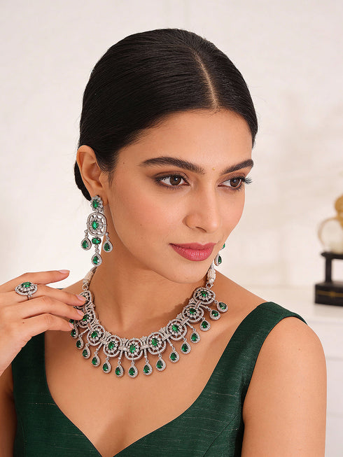 Silver Plated Emerald Green AD Studded Luxe Choker Jewellery Set