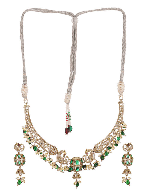 Antique Gold Plated Green Emerald AD & Kundan Studded Temple Peacock Motif Choker Jewellery Set
