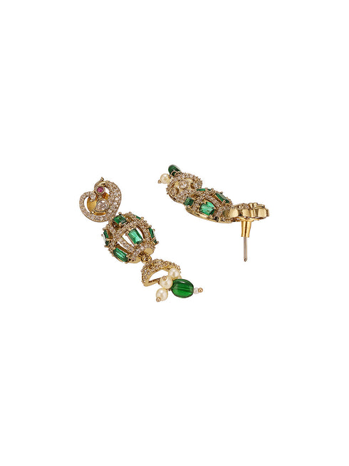 Antique Gold Plated Green Emerald AD & Kundan Studded Temple Peacock Motif Choker Jewellery Set
