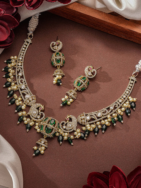 Antique Gold Plated Green Emerald AD & Kundan Studded Temple Peacock Motif Choker Jewellery Set
