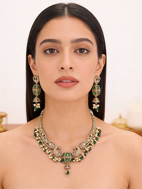 Antique Gold Plated Green Emerald AD & Kundan Studded Temple Peacock Motif Choker Jewellery Set