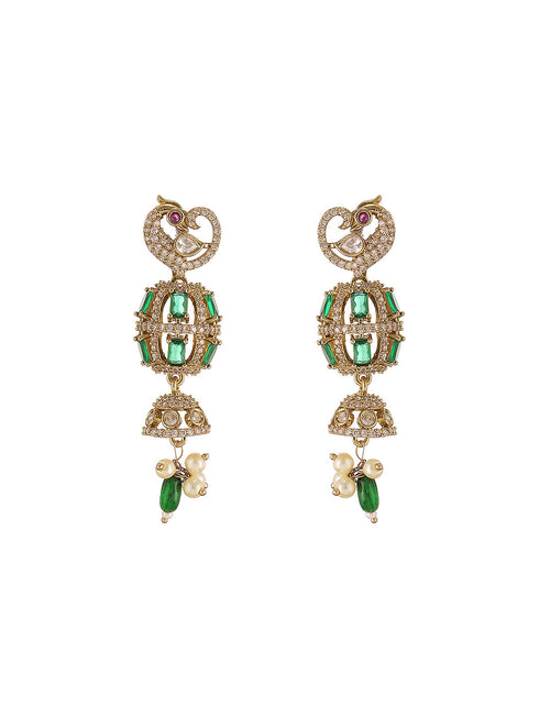 Antique Gold Plated Green Emerald AD & Kundan Studded Temple Peacock Motif Choker Jewellery Set