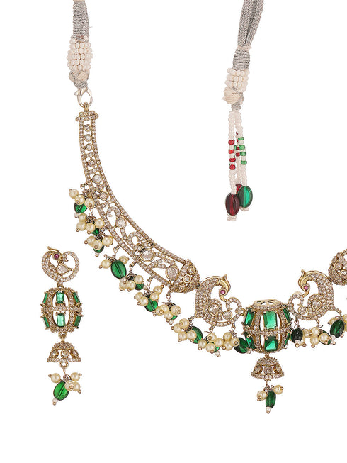 Antique Gold Plated Green Emerald AD & Kundan Studded Temple Peacock Motif Choker Jewellery Set