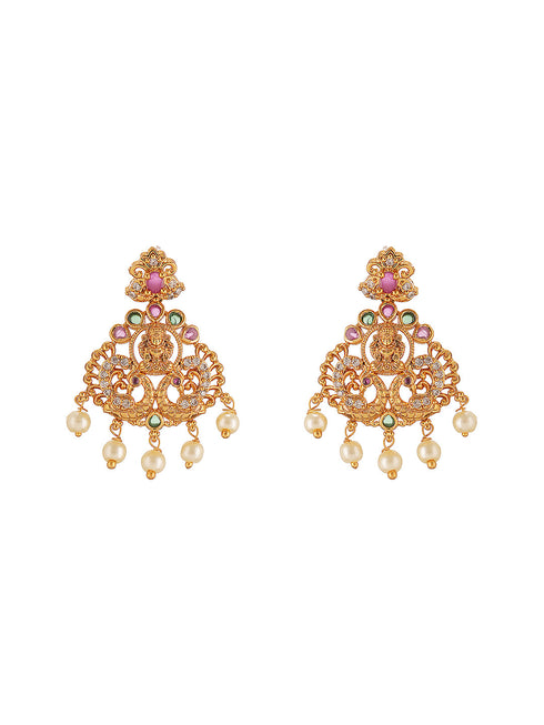 Combo Gold Plated White AD & Pearl Studded Temple Lakshmiji Bridal Jewellery Set