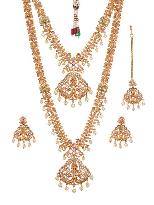 Combo Gold Plated White AD & Pearl Studded Temple Lakshmiji Bridal Jewellery Set