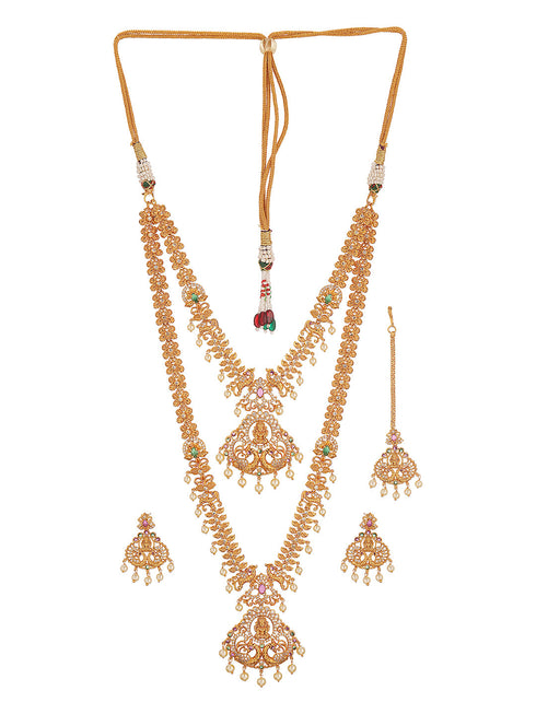 Combo Gold Plated White AD & Pearl Studded Temple Lakshmiji Bridal Jewellery Set