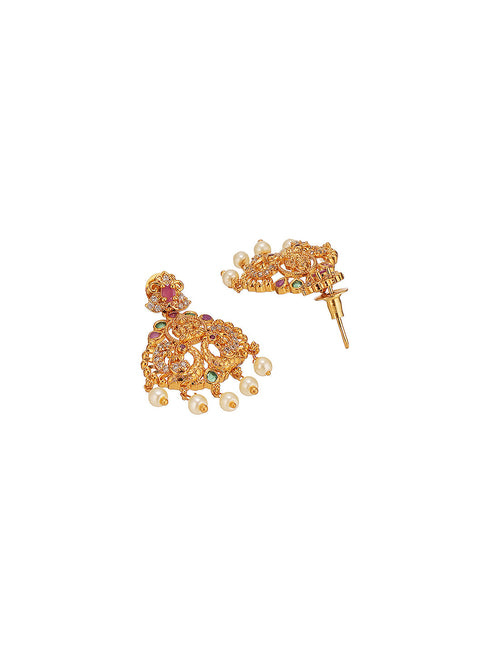 Combo Gold Plated White AD & Pearl Studded Temple Lakshmiji Bridal Jewellery Set