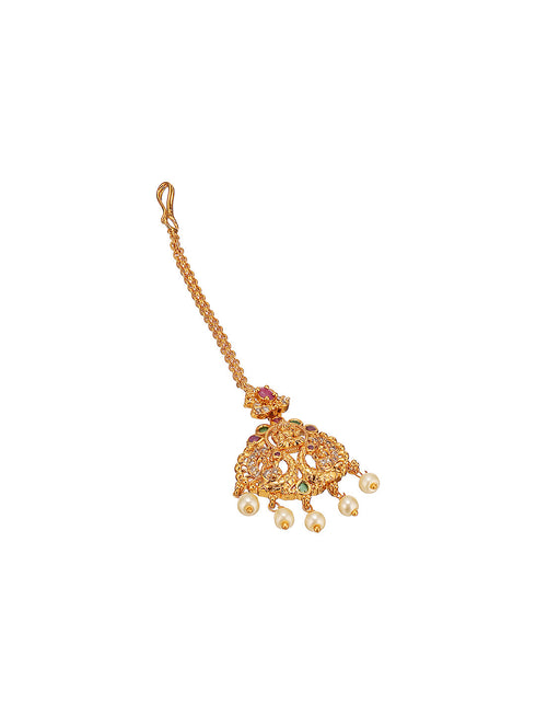 Combo Gold Plated White AD & Pearl Studded Temple Lakshmiji Bridal Jewellery Set
