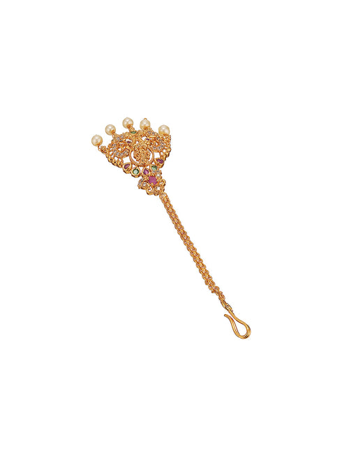 Combo Gold Plated White AD & Pearl Studded Temple Lakshmiji Bridal Jewellery Set