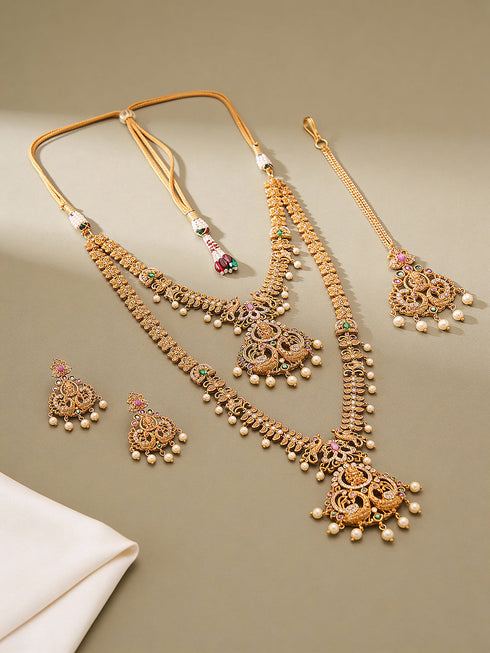Combo Gold Plated White AD & Pearl Studded Temple Lakshmiji Bridal Jewellery Set