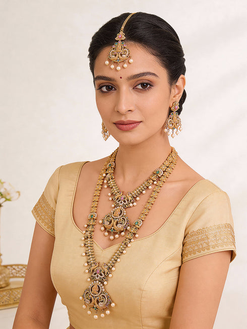 Combo Gold Plated White AD & Pearl Studded Temple Lakshmiji Bridal Jewellery Set