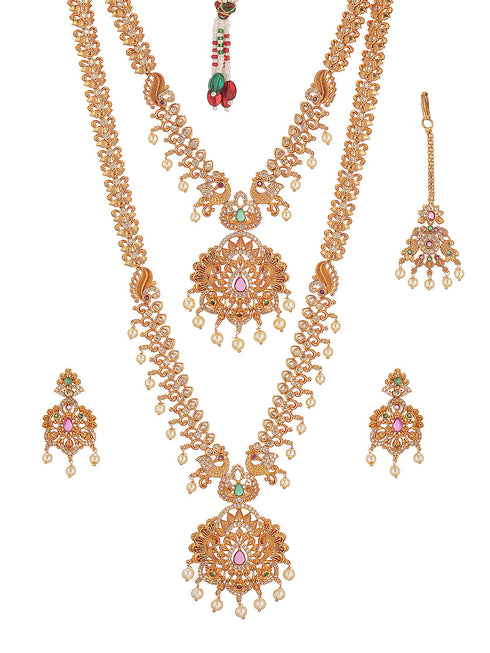 Combo Gold Plated AD & Pearl Studded Temple Peacock Bridal Jewellery Set