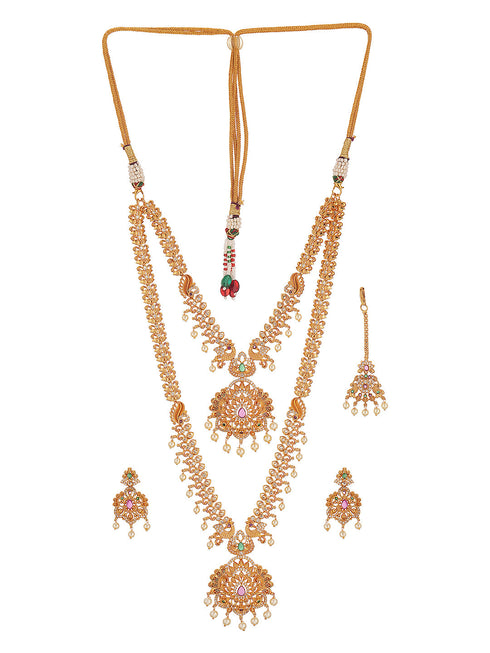 Combo Gold Plated AD & Pearl Studded Temple Peacock Bridal Jewellery Set