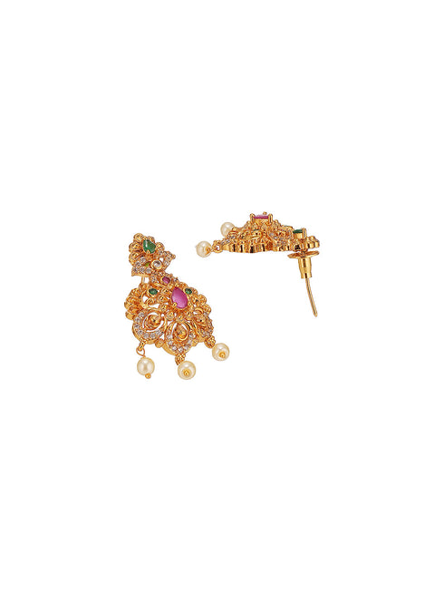 Combo Gold Plated AD & Pearl Studded Temple Peacock Bridal Jewellery Set
