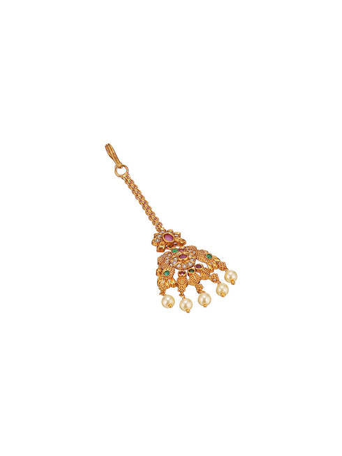 Combo Gold Plated AD & Pearl Studded Temple Peacock Bridal Jewellery Set