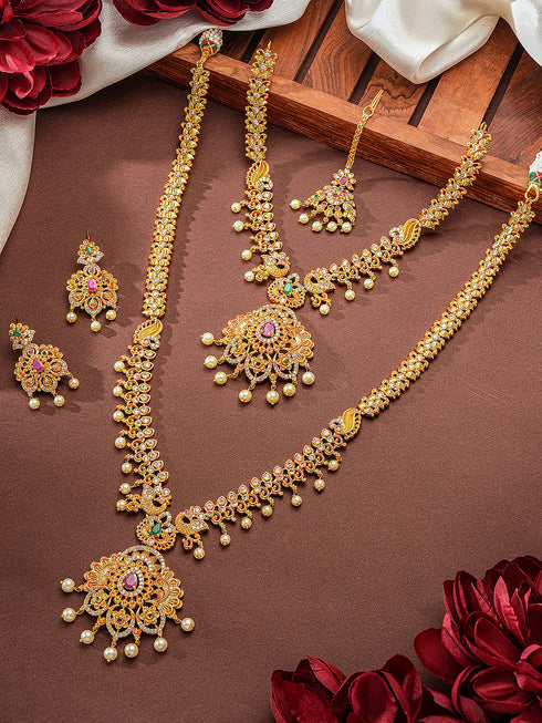 Combo Gold Plated AD & Pearl Studded Temple Peacock Bridal Jewellery Set