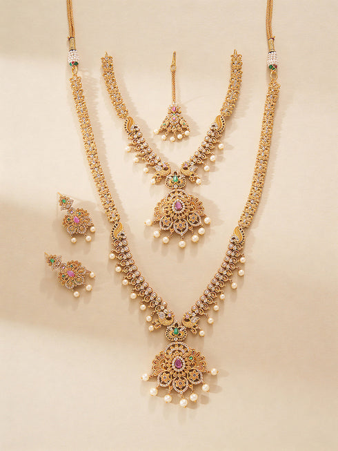 Combo Gold Plated AD & Pearl Studded Temple Peacock Bridal Jewellery Set