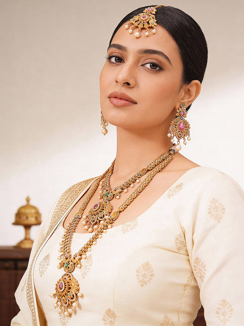 Combo Gold Plated AD & Pearl Studded Temple Peacock Bridal Jewellery Set